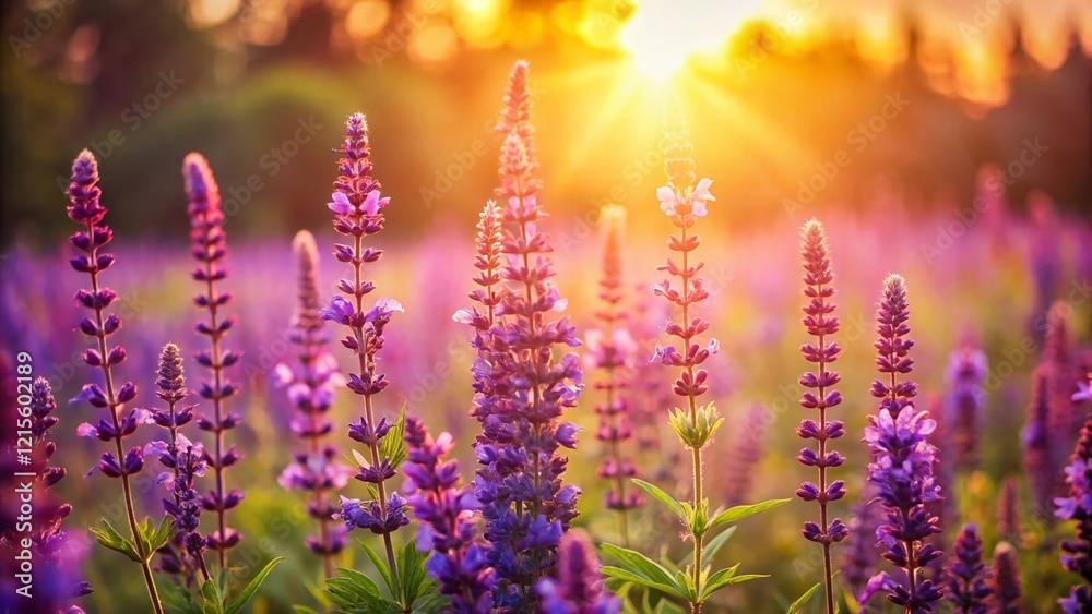 Obraz premium Vintage Summer Meadow: Sage Salvia & Medicinal Herbs in Warm Evening Sunlight