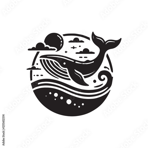 Black Color Whale silhouette design Vector Illustration, Solid White Background (9).eps