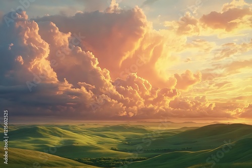 A vast landscape with rolling hills under a dynamic sky filled with dramatic clouds.  photo