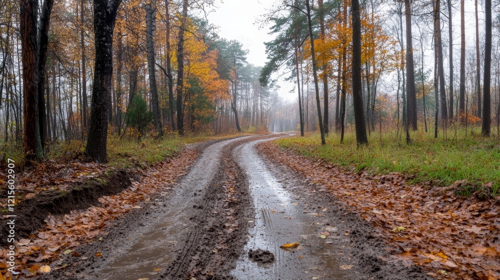 A winding forest path carpeted in autumn leaves leads into the misty woods, enveloped in tranquility and mystery, inviting one to explore its hidden depths. A winding forest path carpeted in autumn leaves leads into the misty woods, enveloped in tranquility and mystery, inviting one to explore its hidden depths.