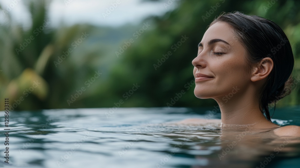 Woman enjoying a tranquil moment in a natural infinity pool surrounded by lush greenery in a tropical setting
