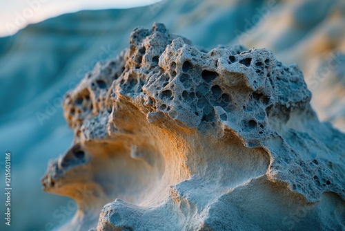 A close-up view of a porous, eroded rock formation, bathed in soft, golden light.