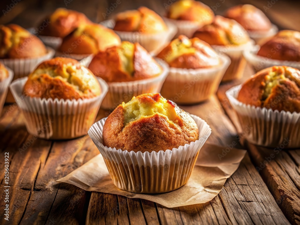 Warm Golden Homemade Muffins in White Paper Liners - Long Exposure Stock Photo Warm Golden Homemade Muffins in White Paper Liners - Long Exposure Stock Photo