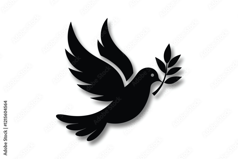 Fototapeta premium Black silhouette dove with olive branch vector icon illustration on a white background Symbol and Peace