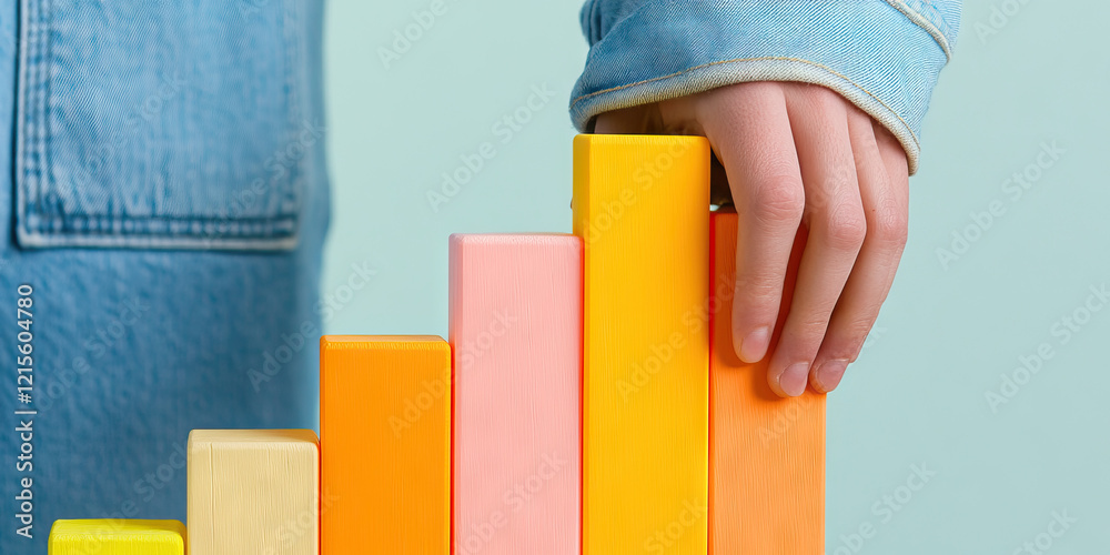 Hand Placing Block onto Stack of Colored Rectangular Blocks Hand Placing Block onto Stack of Colored Rectangular Blocks