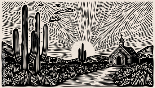 Brazilian northeast cordel illustration. Landscape with cacti, church and sun. Woodcut style. Black and white vector