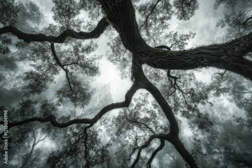 A low-angle shot of a large tree in a misty forest, its branches reaching upwards towards a hazy sky. photo