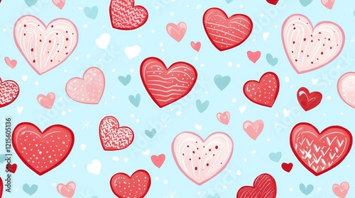 Cute doodle-style red and pink hearts with playful dots and swirls on a sky-blue background, exuding a cheerful and romantic mood