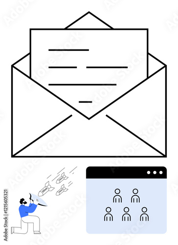 Open envelope with document inside, user interface showing people icons, person blocking arrows. Ideal for cybersecurity, email marketing, user engagement, online safety, teamwork, digital