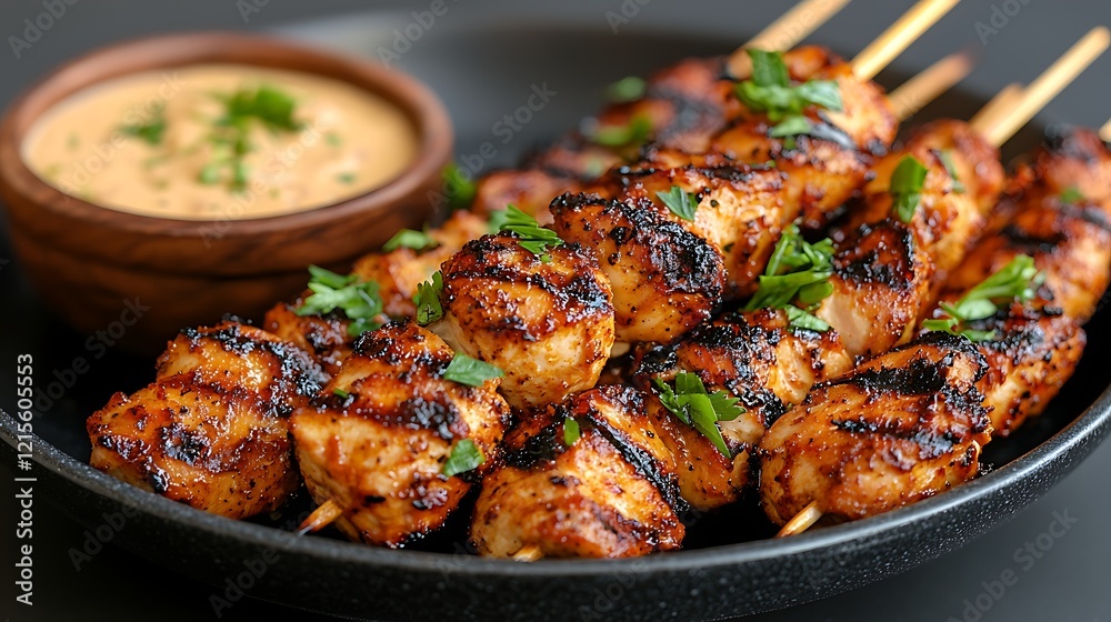 Grilled chicken skewers, peanut sauce, dark background, food photography, recipe Grilled chicken skewers, peanut sauce, dark background, food photography, recipe