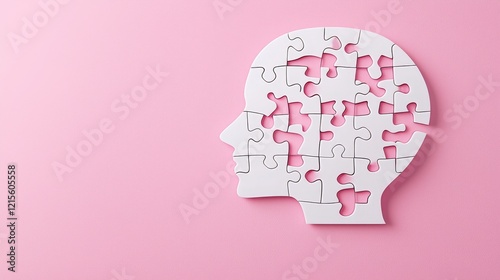 Macro shot of a puzzle piece locking into a human head form, gradient pink background, sleek and artistic representation of innovation