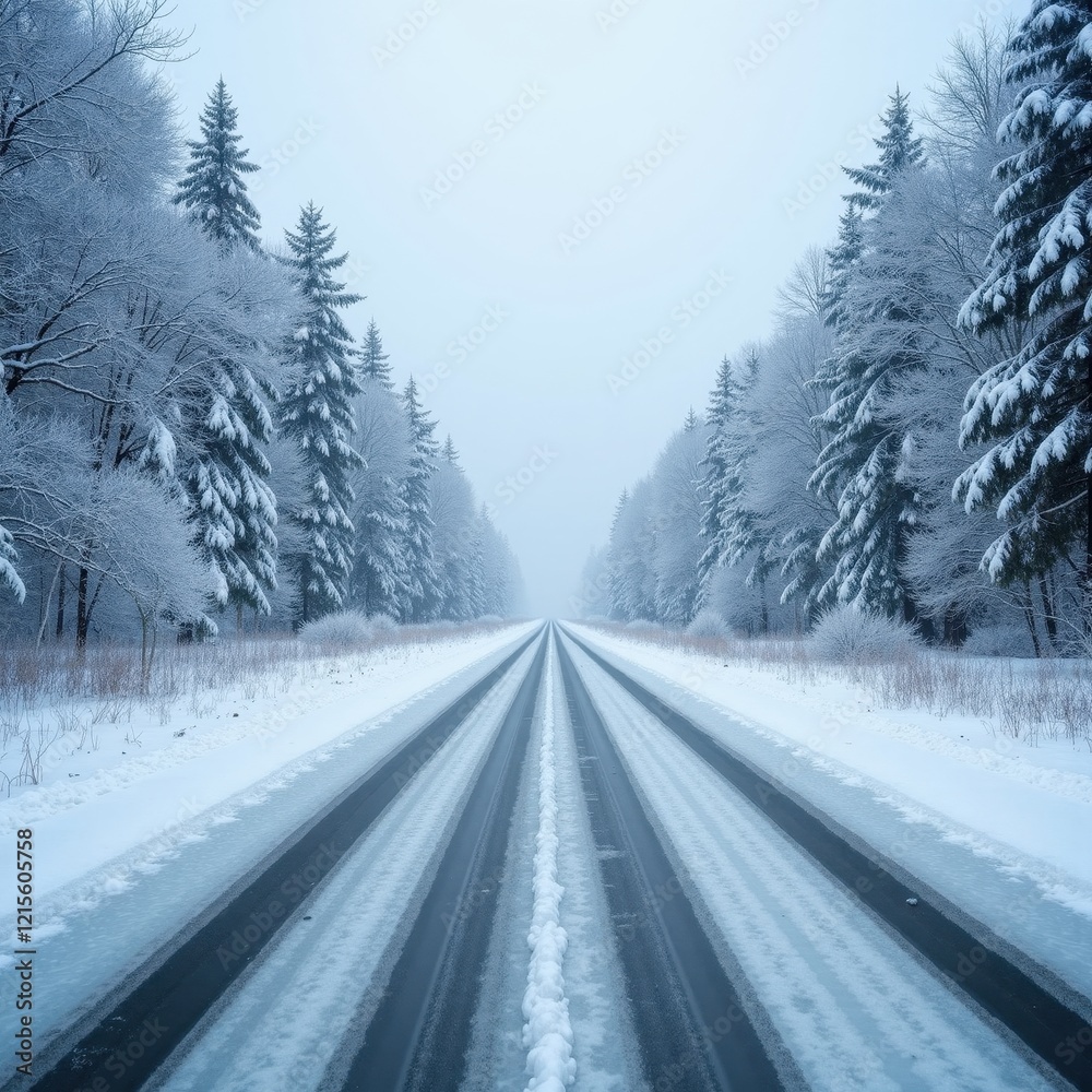 Fototapeta premium Snow-covered road stretching through a winter forest. Serene and peaceful winter landscape.