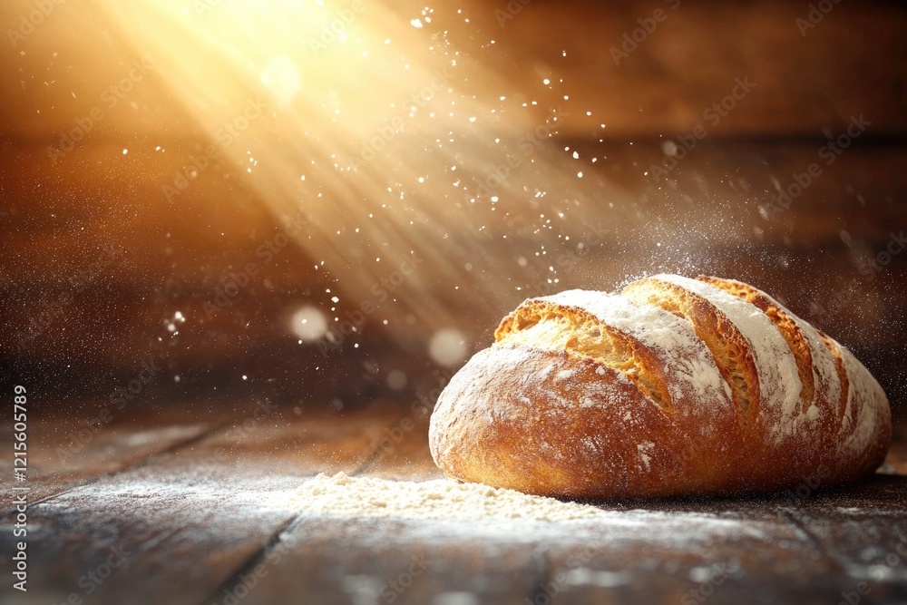 A freshly baked loaf of bread, dusted with flour, illuminated by sunlight. A freshly baked loaf of bread, dusted with flour, illuminated by sunlight.