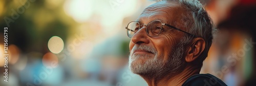 An elder man with glasses, cherishing a joyful moment outdoors. photo