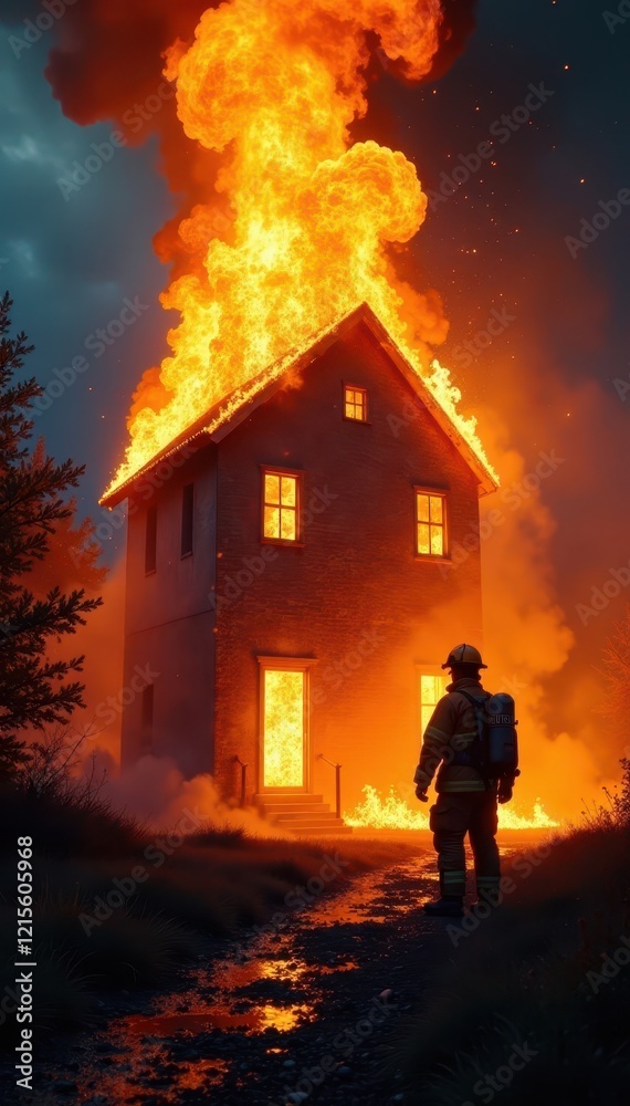 Fototapeta premium Fiery inferno engulfing building, firefighter bravely battling blaze, dramatic, brave