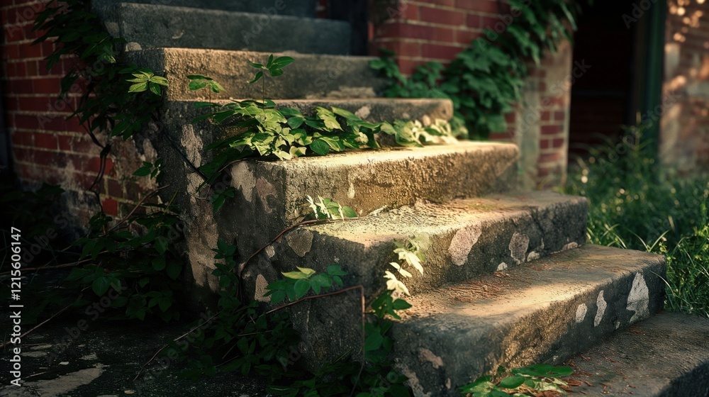 A close-up of weathered stone steps covered with green vines and sunlight. A close-up of weathered stone steps covered with green vines and sunlight.
