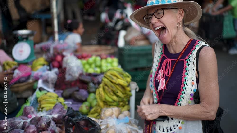 A mature woman enjoys her visit to a bustling outdoor market in Granada, Nicaragua, smiling as she discovers an array of colorful fruits and vegetables.