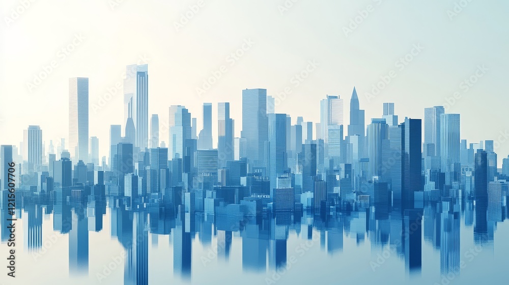 Fototapeta premium In a futuristic setting, reflective glass structures dominate under a cloudless sky, with a mirrored cityscape at the forefront