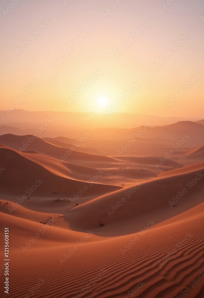 Naklejka premium Golden desert dunes at dawn, surrounded by mist and pastel hues
