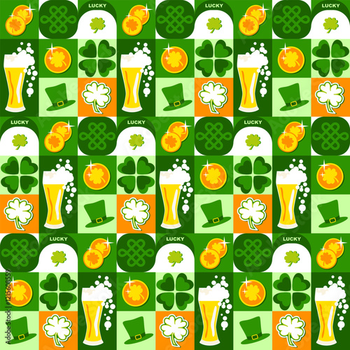 St. Patricks day seamless pattern with glasses of beer, shamrock four leaves clovers, leprechaun hat, gold coins. Geometric square composition background design