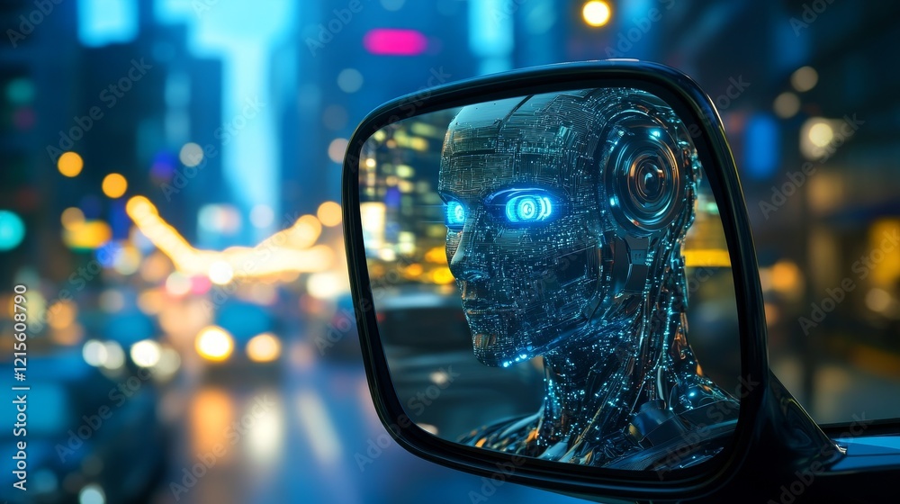 The reflection of a robot face in a car's rearview mirror signifies autonomous driving and the impending era of robotaxis The reflection of a robot face in a car's rearview mirror signifies autonomous driving and the impending era of robotaxis
