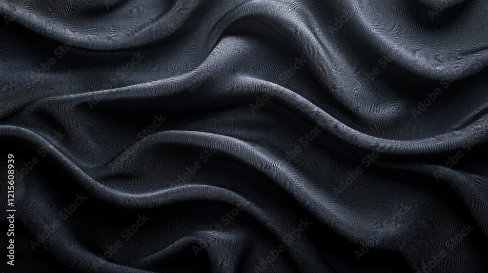Fototapeta premium Dark silk fabric waves, draped, studio shot, background blur, textile design