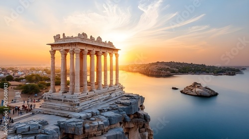Sunset over historic monument, tourists captivated by architecture, open ad space with bold layout, vibrant hues, sophisticated travel appeal