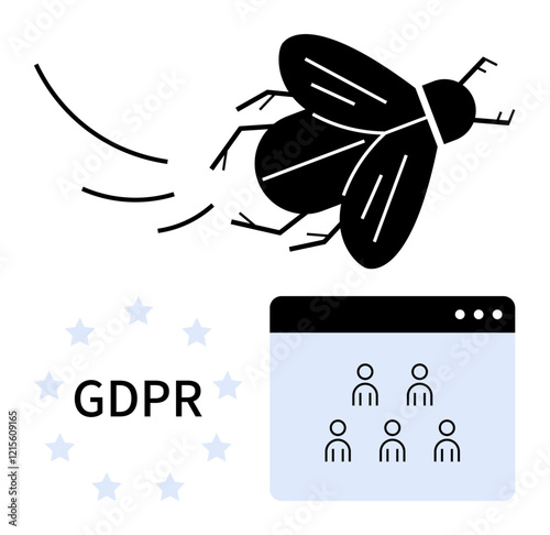 Black fly buzzing near GDPR surrounded by stars with people icons in a web window. Ideal for data protection, cyber threats, user privacy, compliance, online security, surveillance, abstract line