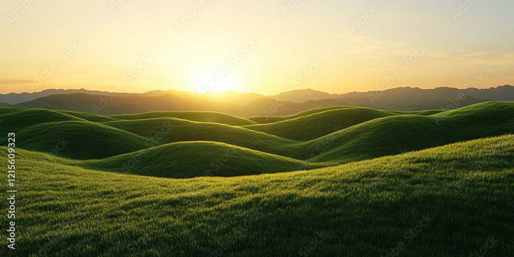 Fototapeta premium Sunset over Grassy Hills and Distant Mountains