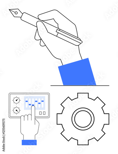 Hand writing with pen, finger adjusting control sliders on panel, large gear. Ideal for creativity, design, management, engineering, innovation, problem-solving workflow abstract line flat metaphor