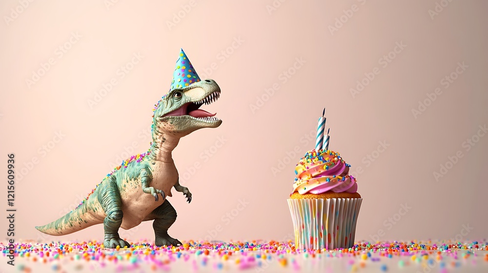 Fototapeta premium A whimsical scene of a dinosaur with a birthday hat, next to a cupcake decorated with vibrant sprinkles, set against a neutral background that adds a touch of cheer to any celebration.