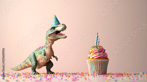 A whimsical scene of a dinosaur with a birthday hat, next to a cupcake decorated with vibrant sprinkles, set against a neutral background that adds a touch of cheer to any celebration.