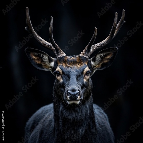 Majestic stag in a dark forest with impressive antlers