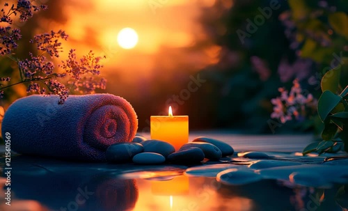 Rolled towel and burning candle on pebble beach at sunset creating a relaxing atmosphere