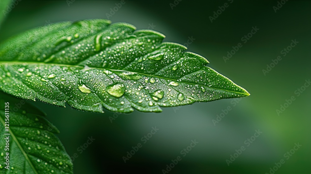 Fototapeta premium Fresh green leaves glisten with raindrops in a lush garden setting during early morning light