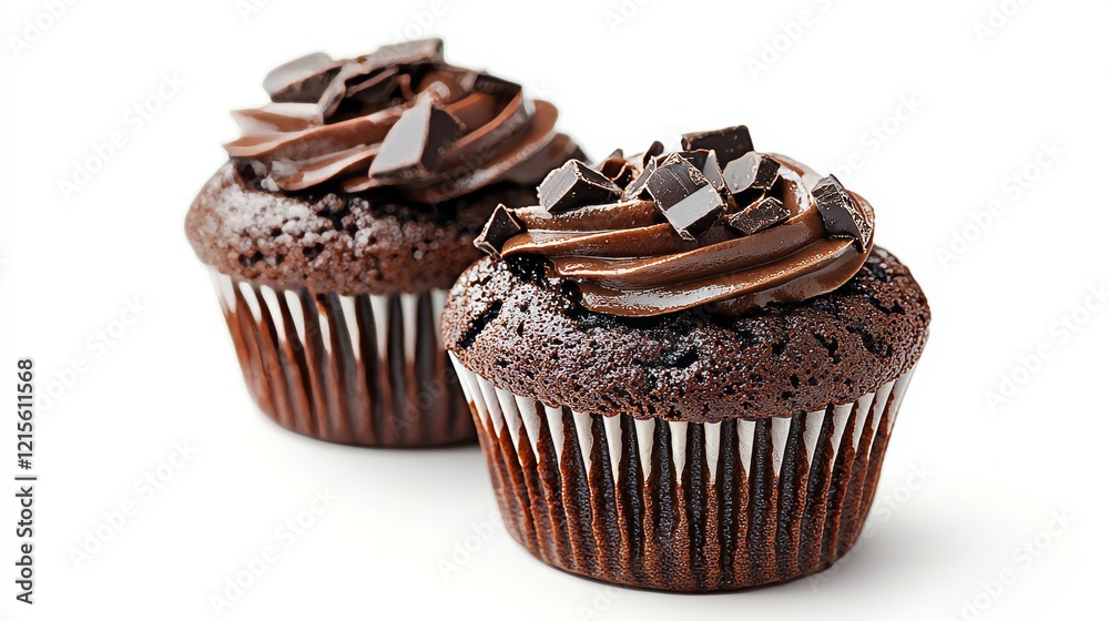 Pair of chocolate muffins with a glossy finish, arranged neatly on a white background, emphasizing their moist and indulgent appeal Pair of chocolate muffins with a glossy finish, arranged neatly on a white background, emphasizing their moist and indulgent appeal