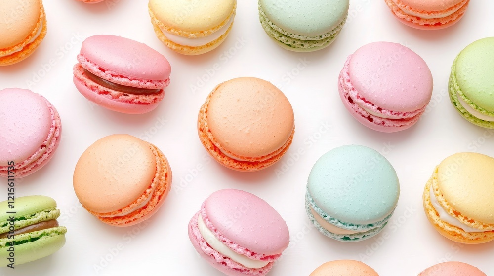 Perfectly crafted macaroons in vivid colors, evenly spaced on a smooth white backdrop, showcasing their artisanal quality Perfectly crafted macaroons in vivid colors, evenly spaced on a smooth white backdrop, showcasing their artisanal quality