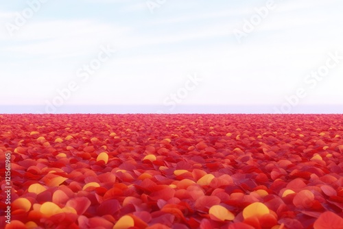 A vast field of vibrant red and yellow petals stretching under a serene sky near the ocean's horizon photo