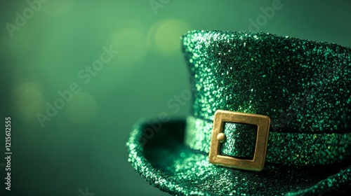 Sparkling Green Top Hat with Gold Buckle on Soft Focus Background Perfect for Celebrations, Events, Parties, and Festive Occasions Related to Irish Culture and Celebrations photo