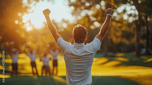 Wallpaper Mural Golfer celebrates victory during sunset at a golf course in summer with friends cheering in the background Torontodigital.ca