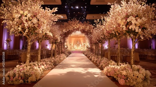 Grand Wedding Reception Decor: Aisle of Blossoms