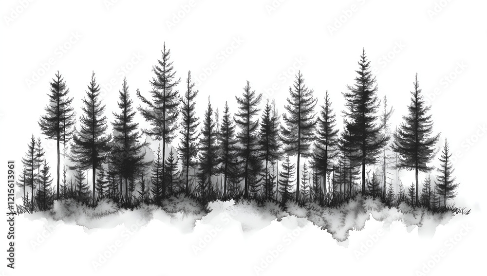 Obraz premium Black ink drawing of forest trees landscape on white background