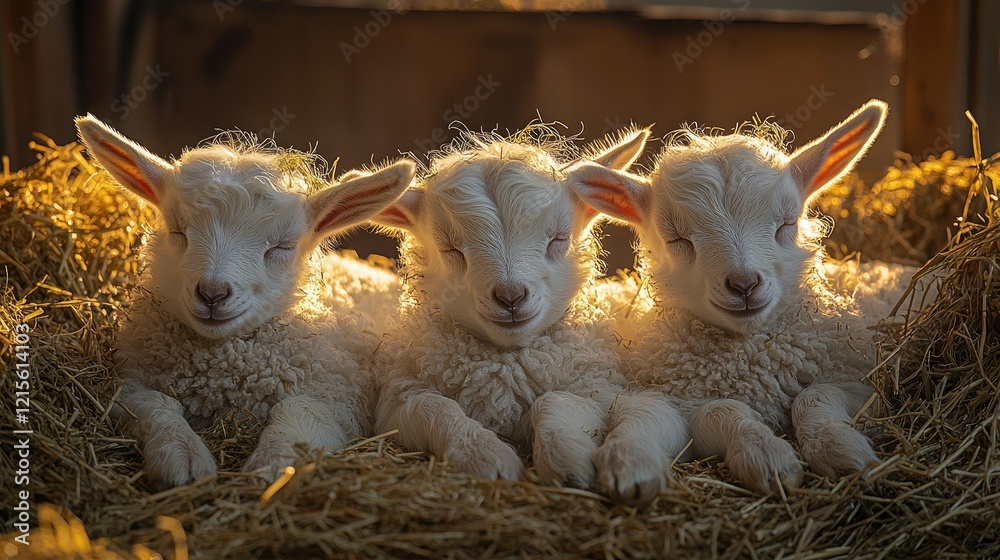 Fototapeta premium Three Newborn Lambs Sleeping Peacefully in Hay