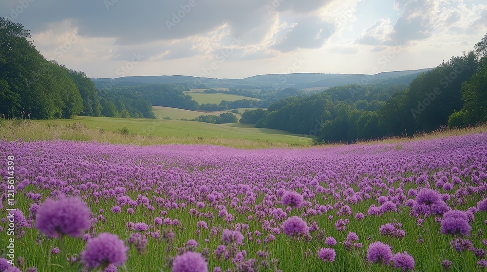 Expansive view of a vibrant purple flower field under a cloudy sky, showcasing nature's beauty in spring Expansive view of a vibrant purple flower field under a cloudy sky, showcasing nature's beauty in spring
