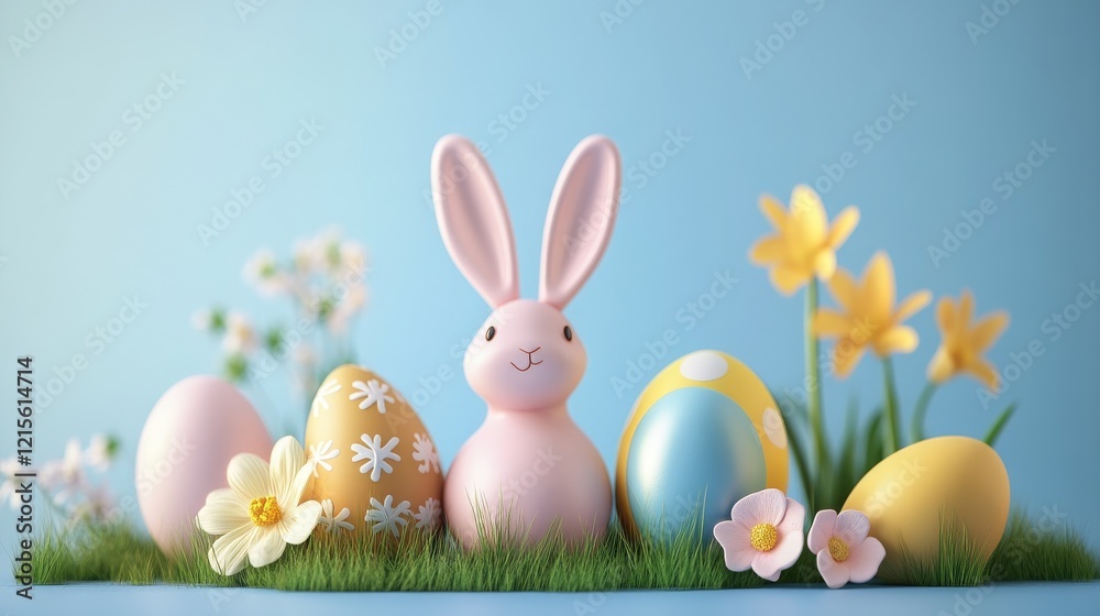 Obraz premium Charming pastel Easter scene featuring a cute pink bunny surrounded by colorful decorated eggs, blooming flowers, and fresh green grass against a serene blue background