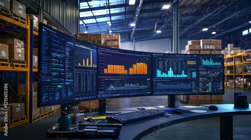 Real-time warehouse software on a curved monitor, vibrant graphs, parcel data visualization, surrounded by tech gadgets and a warehouse model