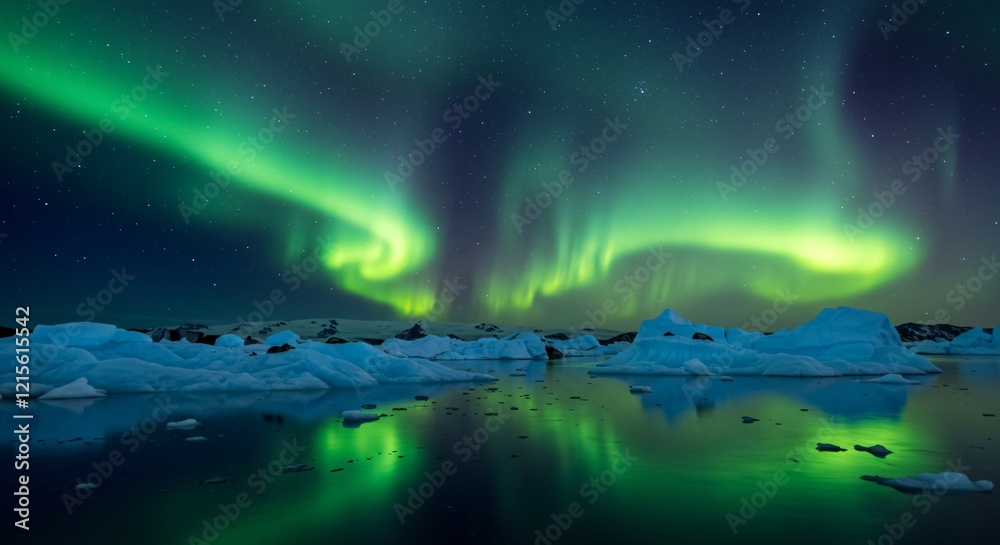 Naklejka premium A serene arctic landscape with glowing icebergs and a shimmering aurora in the sky