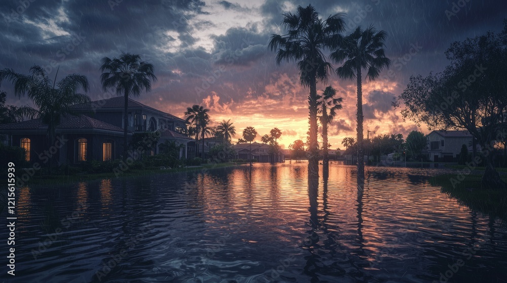 Suburban neighborhood overwhelmed by flooding, palm trees swaying wildly under the hurricane's power, dramatic lighting capturing chaos Suburban neighborhood overwhelmed by flooding, palm trees swaying wildly under the hurricane's power, dramatic lighting capturing chaos