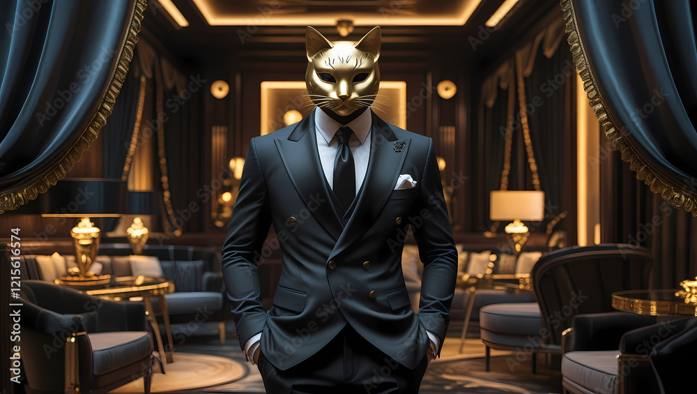 Mysterious Man in Gold Cat Mask and Tuxedo in a Luxurious Lounge Mysterious Man in Gold Cat Mask and Tuxedo in a Luxurious Lounge