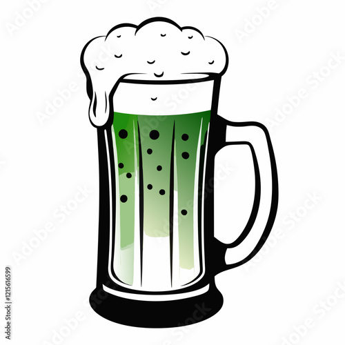 Cartoon green beer mug with foamy head. Concept of St Patrick's Day celebrations, pub culture, beer festivals